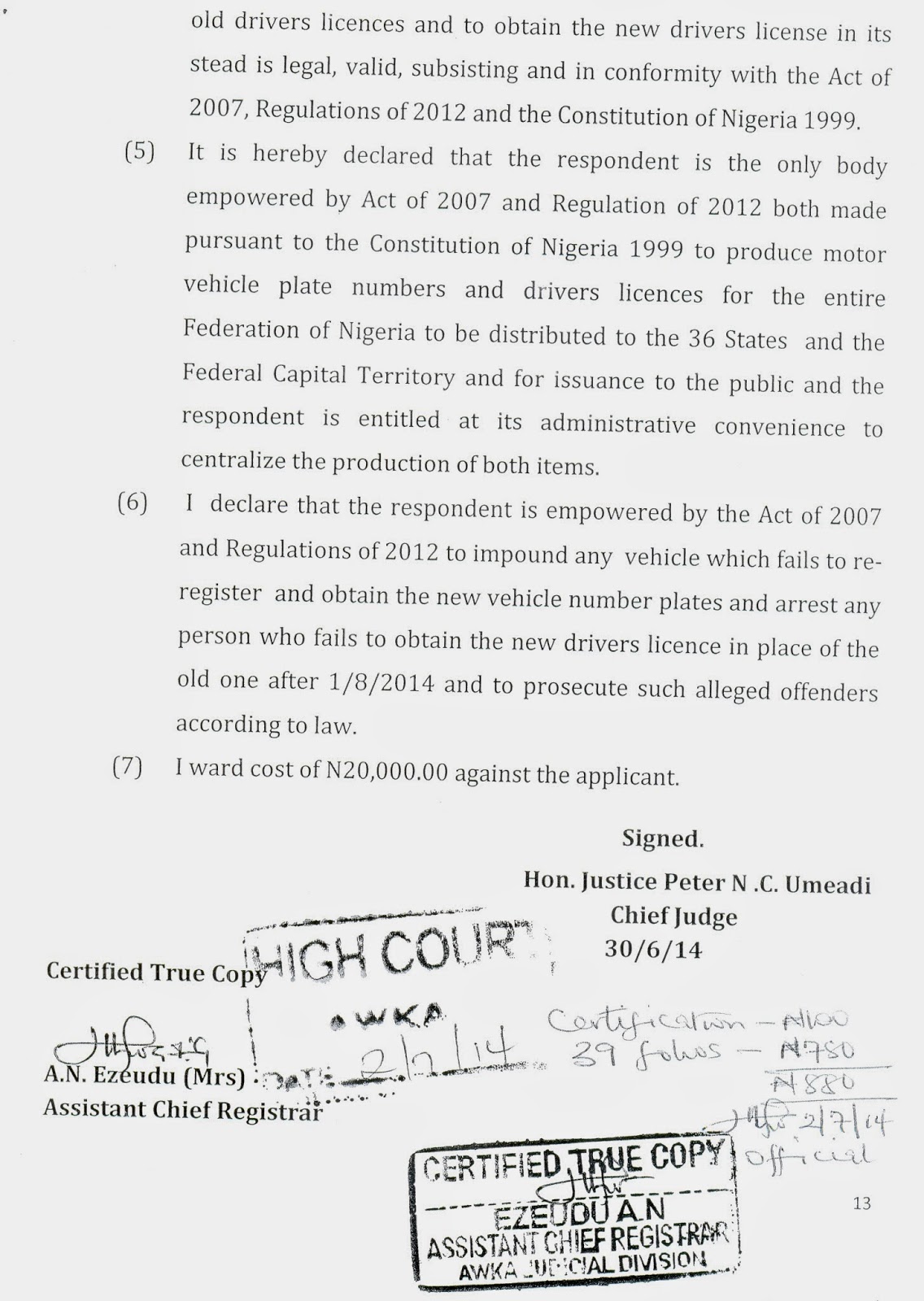 Exclusive Certified True Copy Of Court Judgement On FRSC s Right To