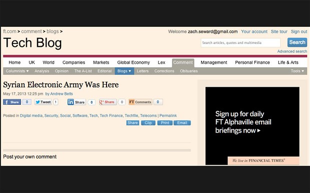 Financial Times hacked by Syrian Electronic Army