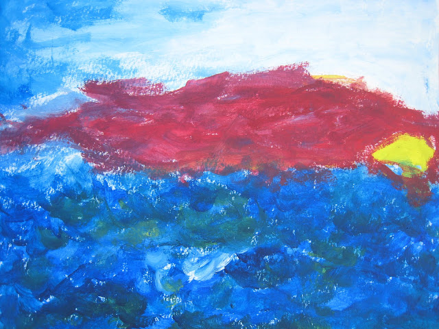 Pintura que muestra una puesta de sol y un atardecer marino con pronóstico de bastante y fuerte viento, obra de Emebezeta