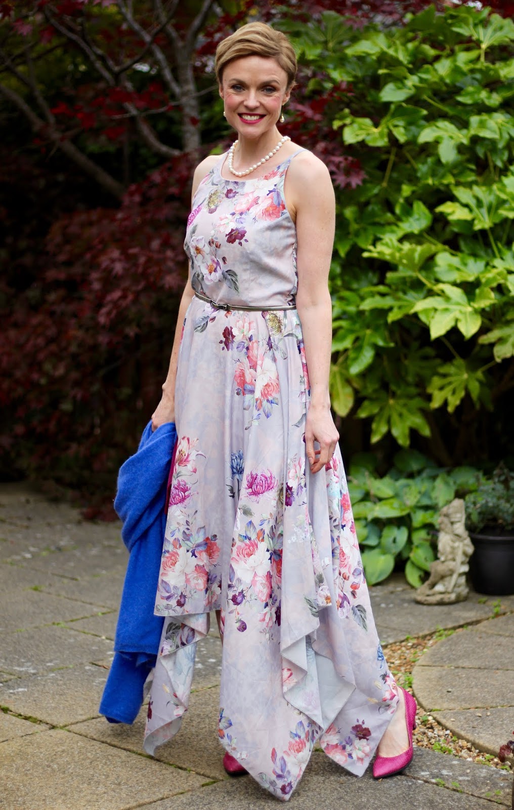 Pink Shoes, Floral Hanky Hem Dress and Blue Wrap | Fake Fabulous