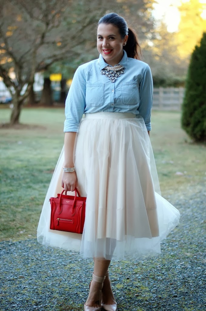 DIY tulle midi skirt and chambray blouse