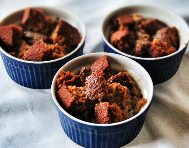 Three bowls full of gingerbread in the process of making this bread pudding recipe. 