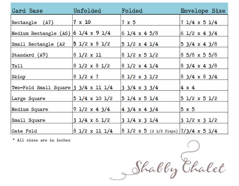 Shabby Chalet Studio 17: Card / Envelope Size Chart