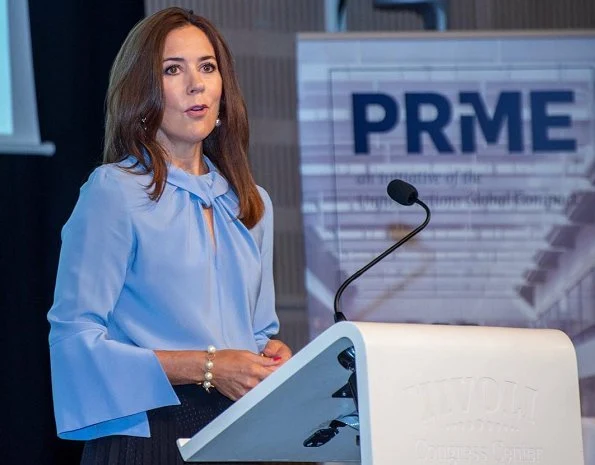 Crown Princess Mary wore Victoria Beckham flare blouse and Valentino Rockstud patent leather pumps