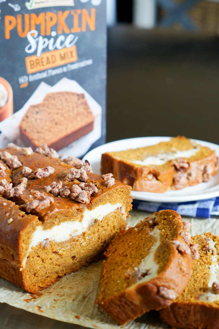 Pumpkin Cream Cheese Bread with Cinnamon Sugar Pecans Bake at 350°
