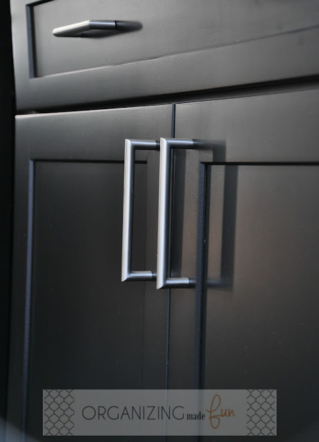 Stainless Steel drawer pulls with black shaker cabinets :: OrganizingMadeFun.com