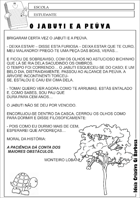 Atividade Texto Interpretação Fábula de Monteiro Lobato O Jabuti e a Peúva