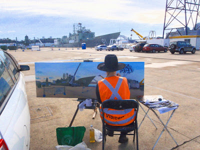 Industrial heritage artist Jane Bennett  painting the ex HMAS Adelaide en plein air on Glebe Island Wharf