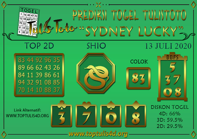 Prediksi Togel SYDNEY LUCKY TODAY TULISTOTO 13 JULI 2020
