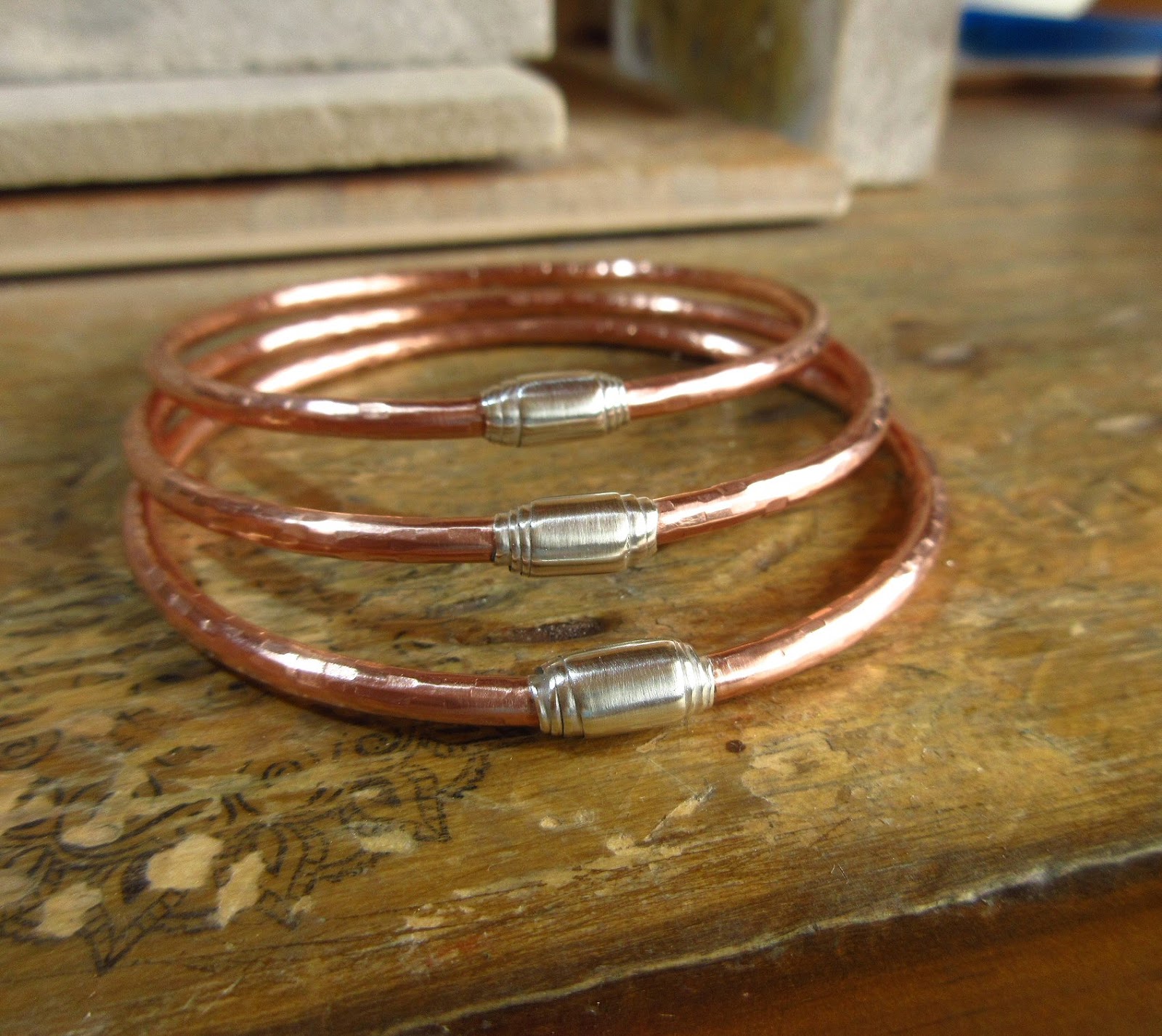 New Copper Bangles With Silver Wrap Bead