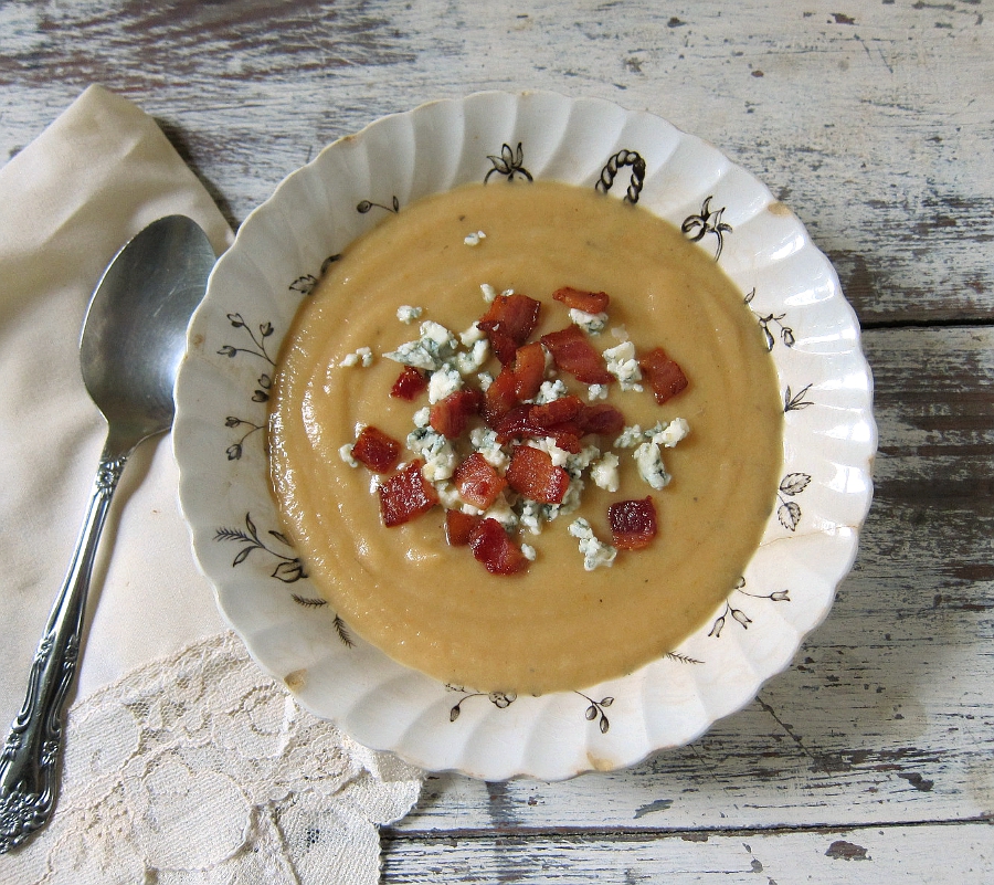 last call for corn pear soup with blue cheese and bacon