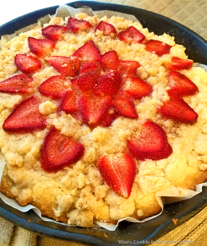 this is how to make an old fashioned buttermilk strawberry baked shortcake in a cast iron skillet with streusel topping