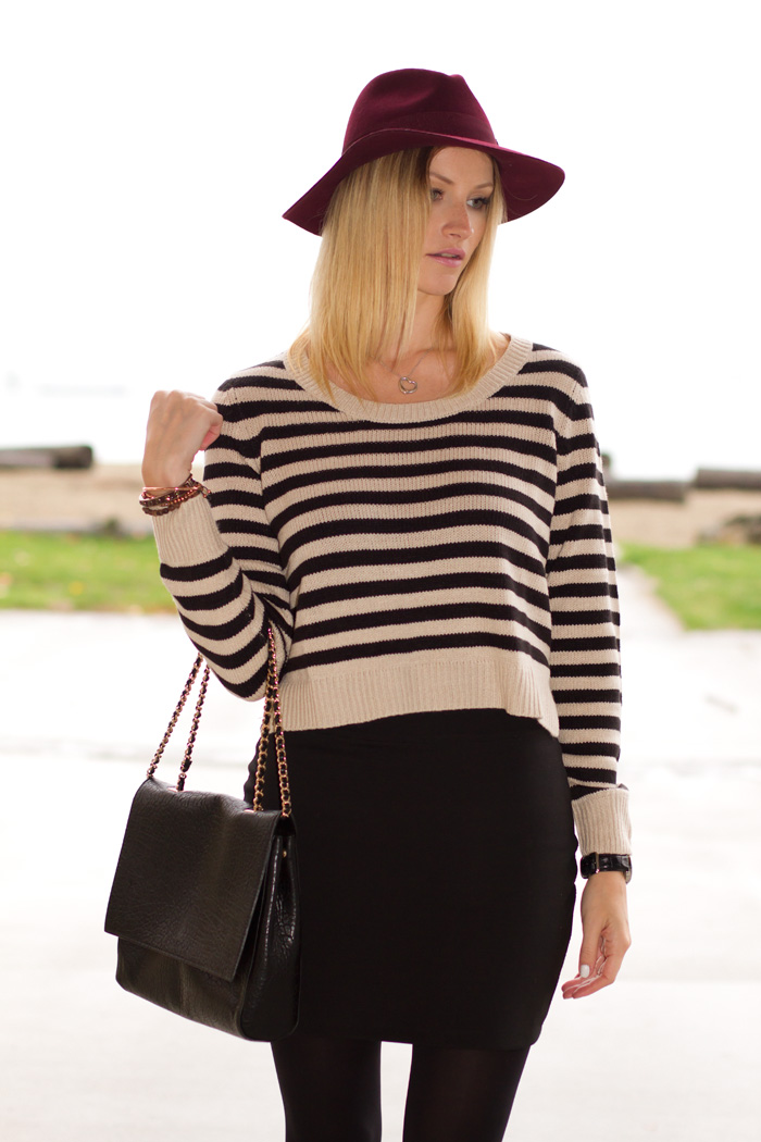 Vancouver Fashion Blogger, Alison Hutchinson, wearing H&M burgundy hat, H&M Striped Knit Sweater, Urban Outfitters black bodycon mini skirt, Zara black booties, Zara black leather bag with chain straps, Tiffany heart necklace, Michael Kors mens watch, True Worth Design bead bracelets, Givenchy cuff bracelet