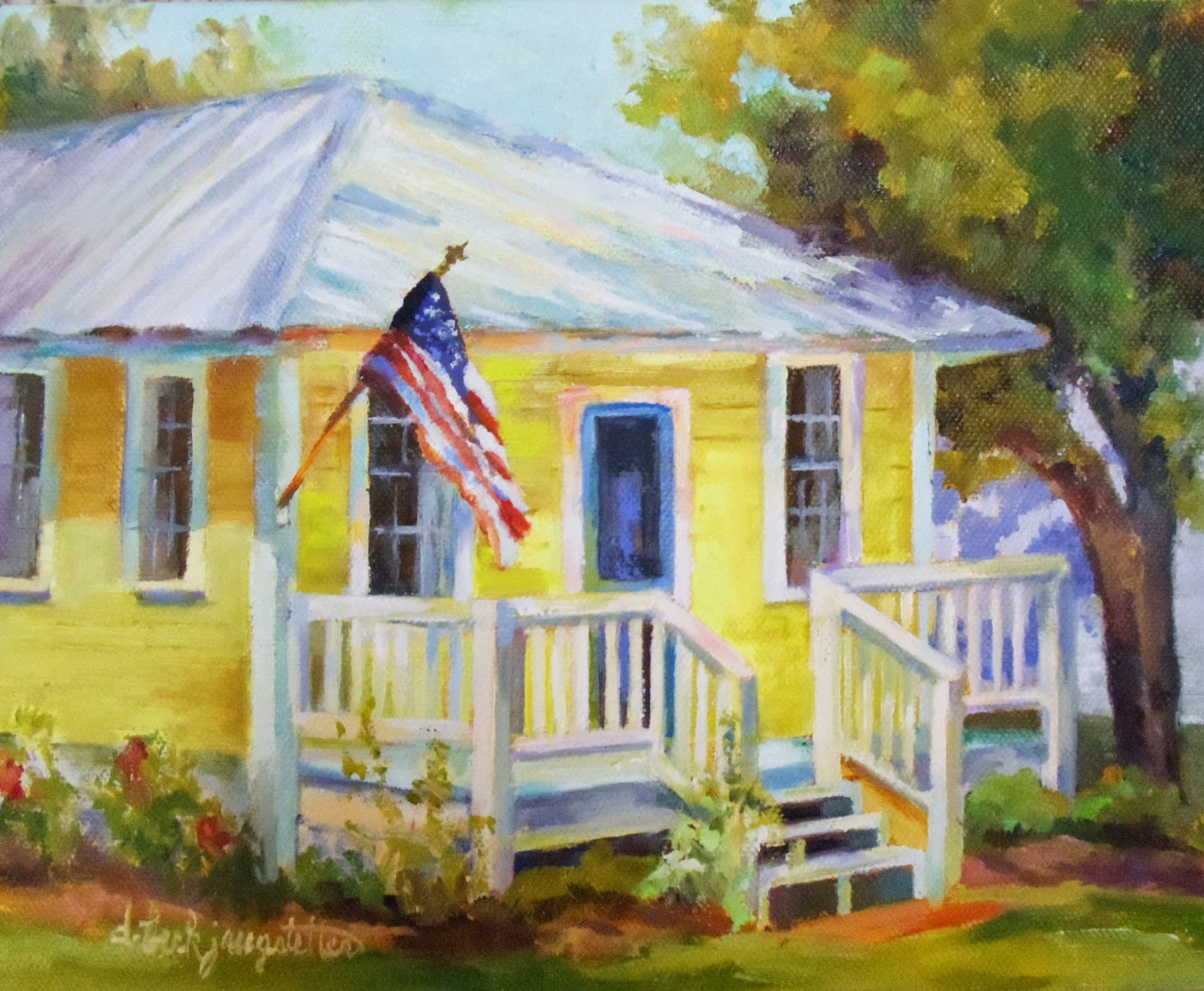 Daily Painters Abstract Gallery Beach House Painting, Yellow Cottage