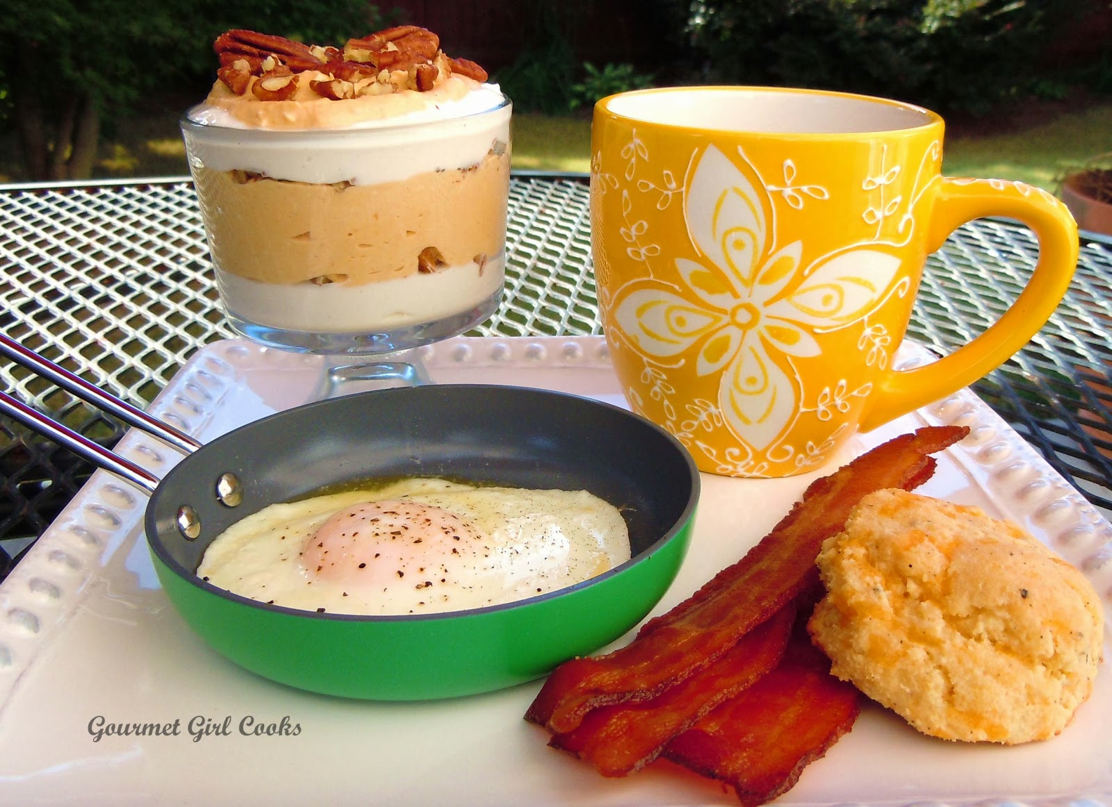 Gourmet Girl Cooks Big Sunday Breakfast Biscuits Eggs Bacon Pumpkin Pecan Cheesecake Yogurt Parfaits