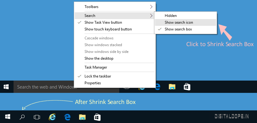 Shrink Or Hide The Search Box On The Windows 10 Taskbar