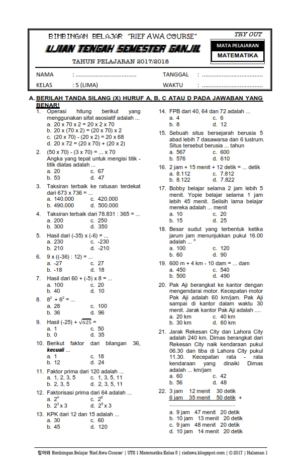 Download Soal Ujian Tengah Semester Ganjil UTS 1 Matematika Kelas 5 Tahun 2017 / 2018 ~ Rief Awa Download Soal Ujian Tengah Semester Ganjil UTS 1 Matematika Kelas 5 Tahun 2017 / 2018 ~ Rief Awa