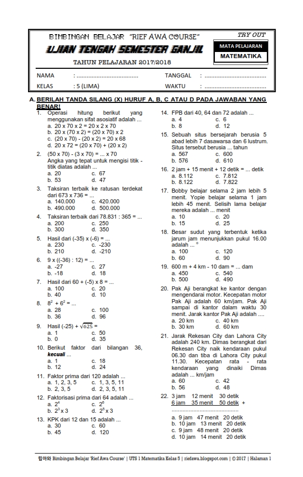 Download Soal Ujian Tengah Semester Ganjil UTS 1 Matematika Kelas 5 Tahun 2017 \/ 2018 ~ Rief Awa 