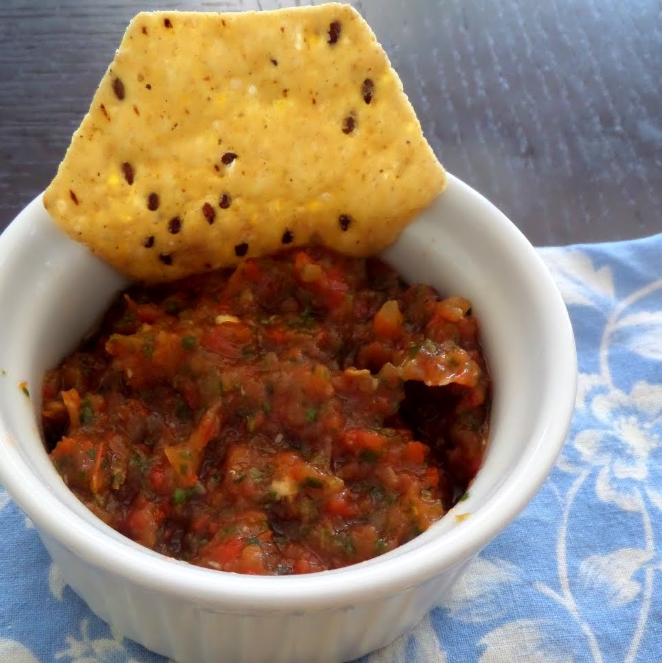 Roasted Pepper Salsa:  A basic salsa amped up with red bell pepper added and a slightly smoky boldness from being roasted.  It makes a great football snack.