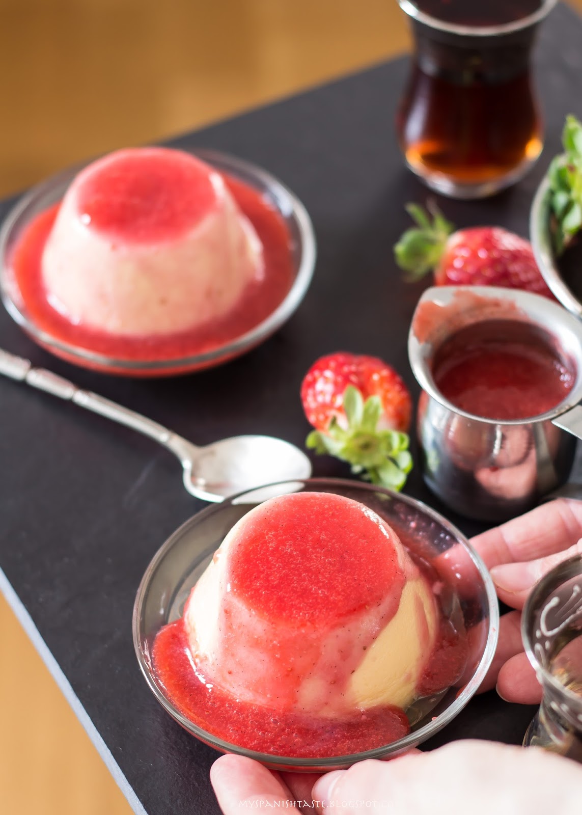 My Spanish Taste Cream cheese flan with strawberry sauce