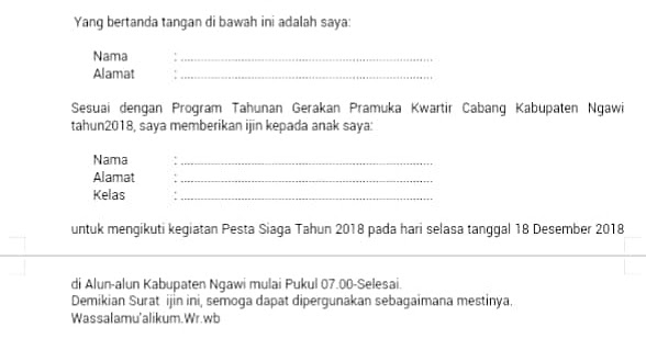 Contoh Surat Izin Orang Tua Untuk Kegiatan Pramuka Bagi Contoh Surat
