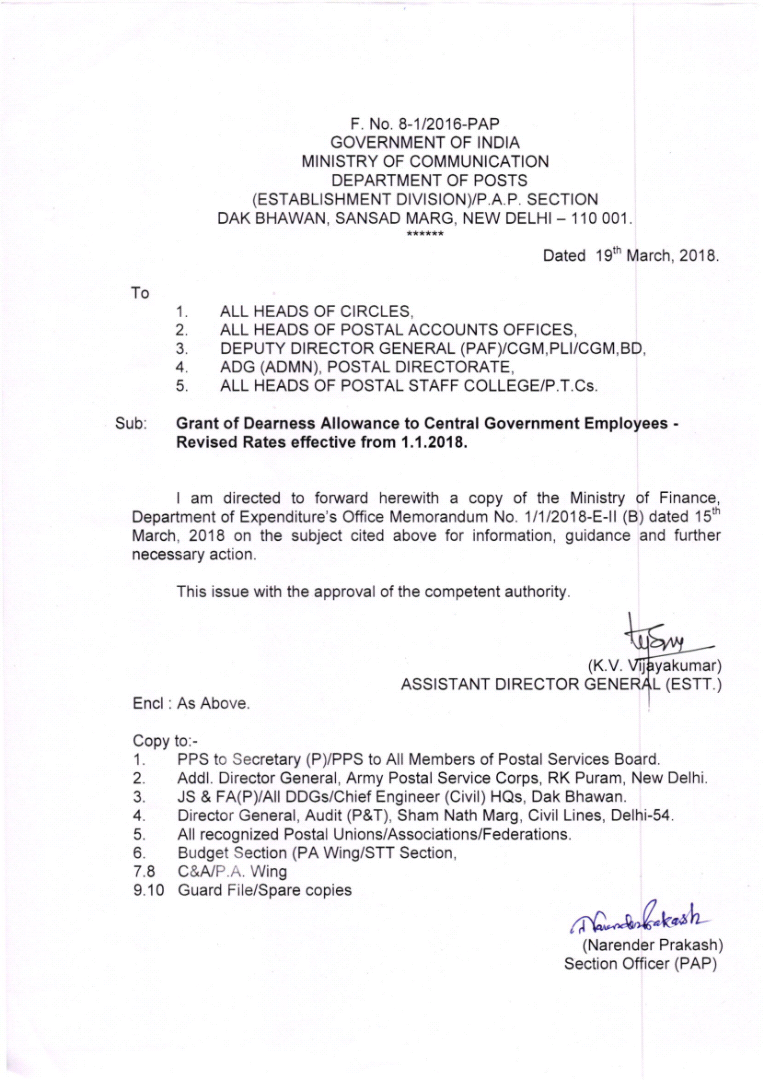 DA Orders to Central Government Employees w.e.f 01.01.18DoP Order SA