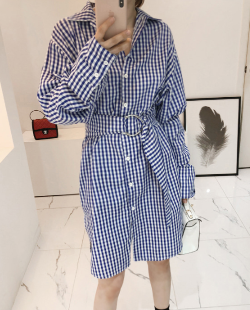 Gingham Check Belted Shirt Dress