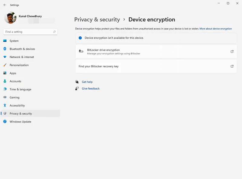 A quick look to Windows 11 Settings app - Privacy & Security - Device Encryption