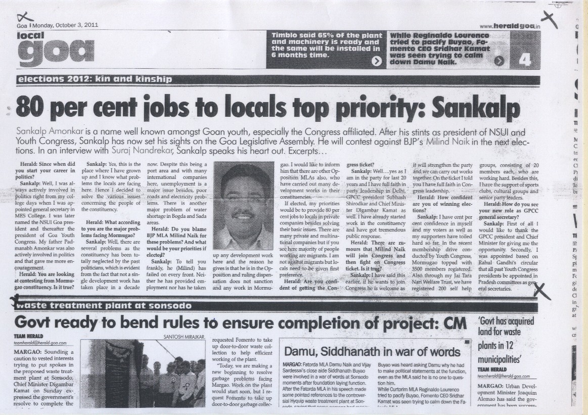 Paid News in Goa GOA'S PAID PIPER Paid political interview in Goa's Herald newspaper for Rs