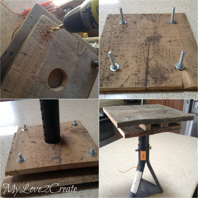 attaching wood pieces on car jack with nuts and bolts