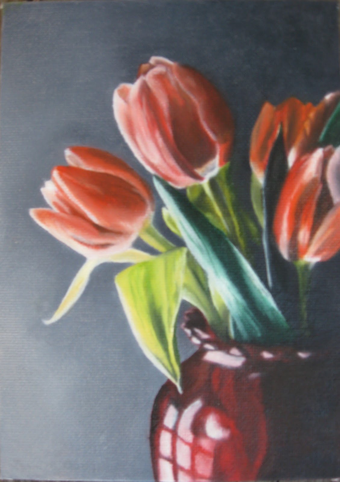 Whispers and Whimsy "Tulips in Red Vase" oil painting