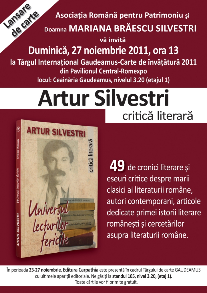 purely environment novelty LANSARE DE CARTE. Duminica, 27 noiembrie 2011, la Targul Gaudeamus: Artur  Silvestri, critica literara.