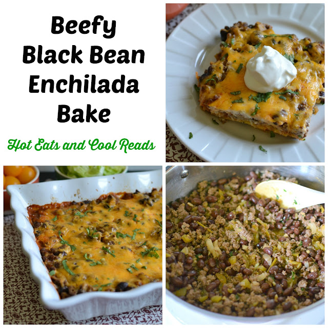 A delicious family friendly and budget friendly Mexican meal! Great for weeknights and leftover for lunch! Beefy Black Bean Enchilada Bake Recipe from Hot Eats and Cool Reads