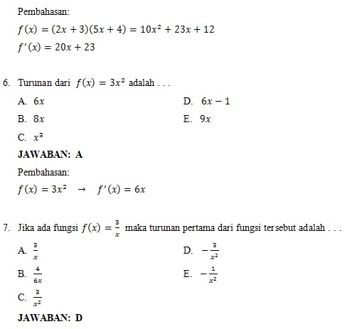 Contoh Soal Turunan Fungsi, Jawaban dan Pembahasan - Materi Soal Ujian