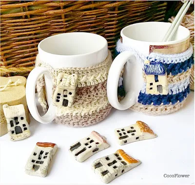 wool crocheted Cozy Mug with House artisanal ceramic button - www.cocoflower.net