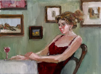 On My Easel - Woman at Table - wip Woman seated at table with wineglass her arms on table many paintings on wall behind