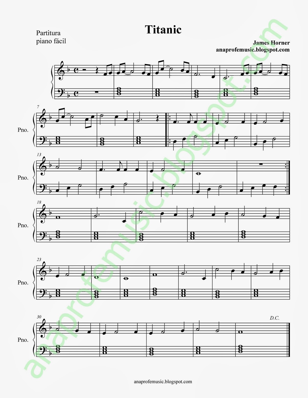Folleto autómata Noveno AnaProfeMusic: Partitura BSO Titanic para piano - fácil -