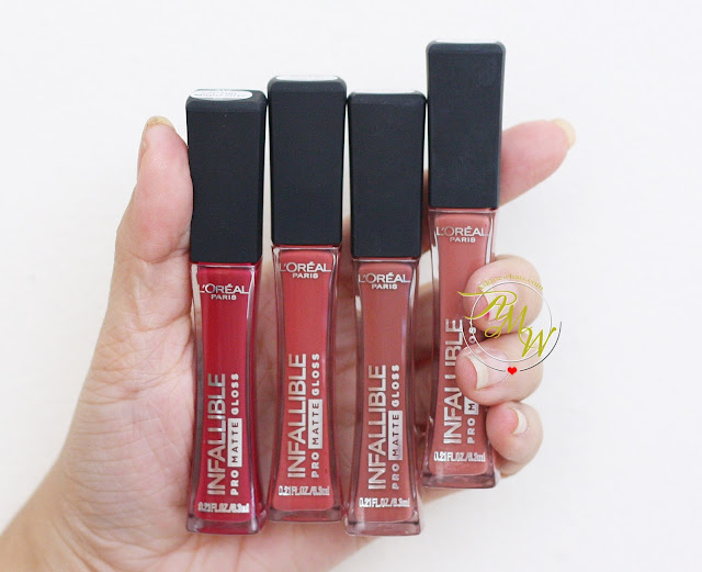 a photo of L'Oreal Infallible Pro Matte Gloss rouge envy, nude allude, statement nude and bare attraction