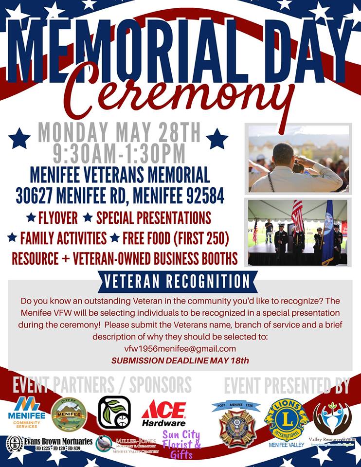 memorial day ceremony may 28 at veterans memorial menifee 24 7 applebees signal hill memorial day flyers