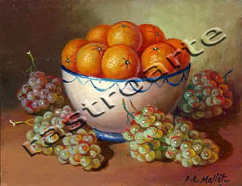 Bodegón con bol de cerámica decorada, naranjas y uvas