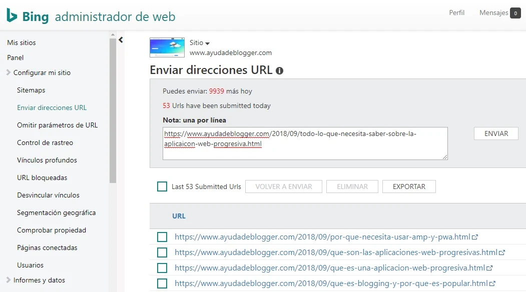 Bing permite que los webmasters envíen 10.000 URL por día a través de las Herramientas para webmasters