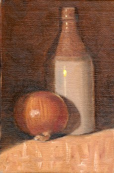 Oil painting of a brown onion in front of an antique earthenware ginger beer bottle.
