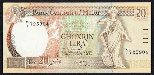 Malta Banknotes 20 Maltese Lira banknote 1989