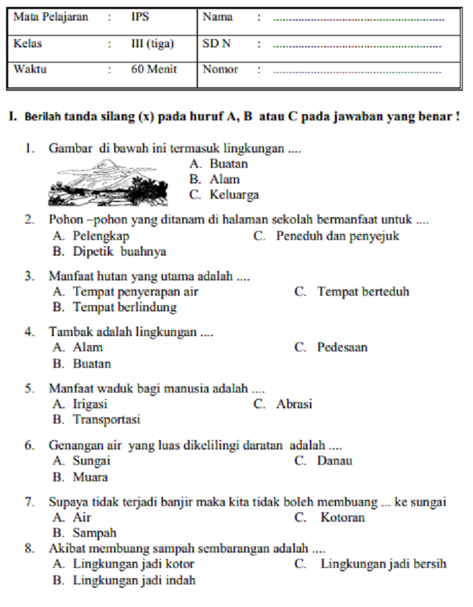 SOAL DAN JAWABAN  LATIHAN UAS IPS KELAS 3 SD SEMESTER 1