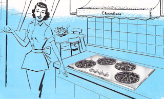 Vintage illustration with housewife displaying her drop-in Chambers Cooktop cooktop range