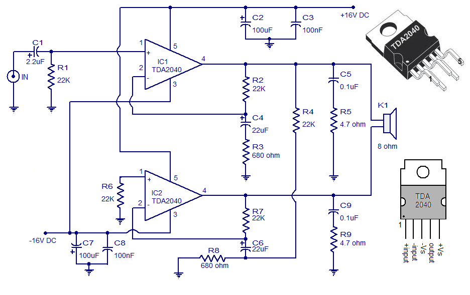 30 watt Audio Amplifier using TDA 2040 ~Circuit diagram