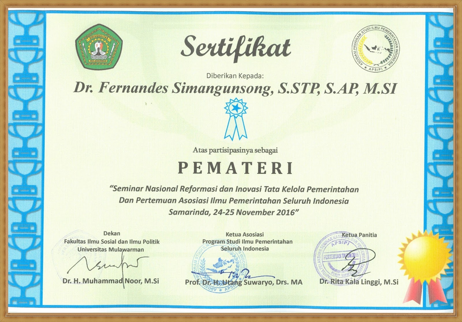 Sertifikat Nasional Dr. FERNANDES SIMANGUNSONG, S.STP.,S