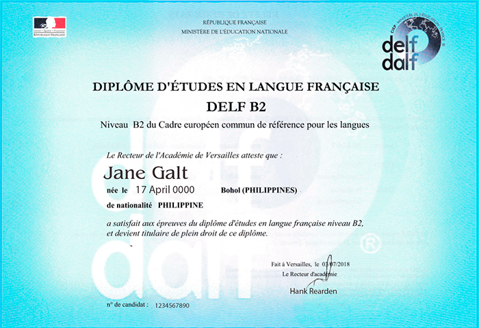 DELF B2 Certificate Sample