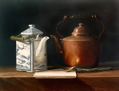 blue china teapot, copper tea kettle
