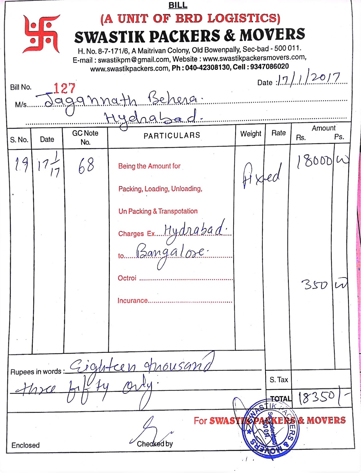 movers and packers bill